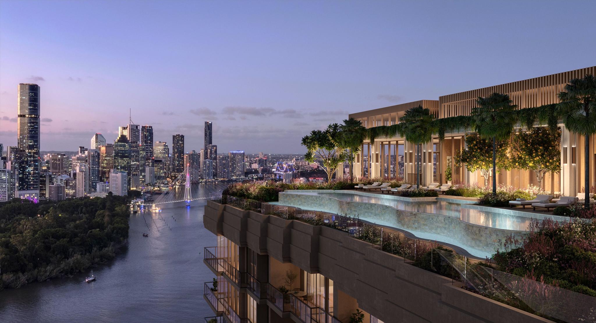 Rooftop infinity pool at Cliff by Aria in Brisbane with sweeping views of the Brisbane River, city skyline, and botanic gardens at sunset.